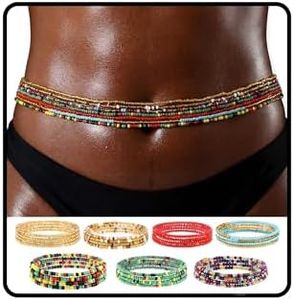 ELABEST Plus Size African Waist Beads Chain Layered Belly Body Chain Beach 7Pack Waist Jewelry Body Accessories for Women and Girls (51.2inch/130cm)