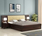 Budhakish Solid Sheesham Wood King Size Bed with Set of 2 Bedside Table | Wooden Double Bed Cot Bed with 2 Drawer Storage & Upholstered Cushioned Headboard for Bedroom | 6.5 X 6 FT, Walnut Finish