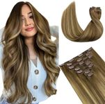 DOORES Clip in Hair Extensions Human Hair, Medium Brown Highlighted Dirty Blonde 18 Inch 7pcs 120g, Remy Hair Extensions Clip in Straight Natural Hair Extensions Clip in Real Extensions