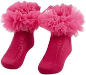 OYOANGLE Girl's 1 Pairs Cute Ruffle Trim Ankle Socks Breathable Lightweight Dress Sock Hot Pink 2-3Y