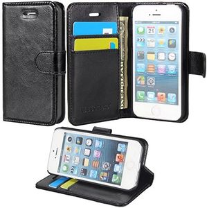 Wisdompro Case for iPhone 5, for iPhone SE 2016, PU Leather Folio Flip Wallet Case Phone Cover with Kickstand and Credit Card Slots for iPhone 5, for iPhone 5s, for iPhone SE 1st Generation - Black