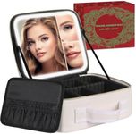 MAYFIY Makeup Bag with LED Mirror and Travel Makeup Train Case Cosmetic Organiser with 2X3X Magnifying Mirror and Separate Makeup Brush Panel, Portable Adjustable Divider Storage Bag, Creamy-white