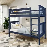 Plank+Beam Wooden Bunk Bed, Classic Twin Over Twin Platform Bed Frame with Ladder and Wood Slats for Adult, Space Saving Bed, Easy to Assemble, No Box Spring Needed, Blue