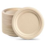 GREENESAGE Rigid 7 inch 50 Pack Heavy Duty Disposable Paper Brown Plates Sugarcane Small Disposable Plates Strong Dishes for Picnic Wedding Party BBQ