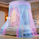 Mengersi Bed Canopy Mosquito Net - Princess Elegant Lace Round Sheer Mesh Bed Curtains - Princess Dome Bedding Net for Twin Full Queen King Size (Pink and Blue)