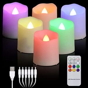 Sanmli 6 Pack USB Rechargeable Flameless Tea Lights Color Changing with Remote & Timer LED Fake Votive Candles Tealight with USB Cable, Halloween Party Christmas Table Decor