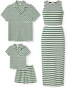 PATPAT Family Matching Summer Outfits: Ribbed Knit Striped Women's Two-Piece Crop Top and Maxi Skirt - Mommy and Me Matching Set for Family Photos Outings Vacations, Green Stripe, Women, Medium