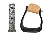 CHALLENGER Horse Western 5" Barrel Racer Black Engraved Aluminum Angled Show Stirrups 51140BK