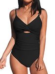 CUPSHE One Piece Swimsuit for Women Bathing Suits Twist Front Cutout Adjustable Straps Ruched Swimwear, Black, Medium