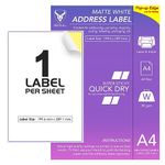 1 Labels Per A4 Sheet, 50 Sheets 50 Sticky Label, Printable Sticker Paper, iSOUL Matte Self Adhesive Address Mailing, Shipping, Postage, Laser & Inkjet Printer Compatible [QuickDry]