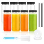 Luxfuel 16oz Glass Juice Bottles with Airtight Black Lids, Set of 8 with 2 Straws, and 2 Lids with Holes, Reusable Mason Jars for Juice, Smoothies, Iced Coffee, and Tea - Ideal for Fridge Storage