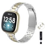 TOYOUTHS Metal Strap Compatible with Fitbit Versa 4/Versa 3/Sense 2/Sense, Ultra-Thin Stainless Steel Wristbands Accessories Bracelet Strap Women Men, Gold Silver