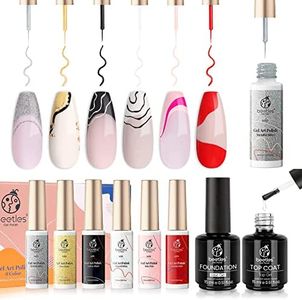 Beetles 2 Pcs 15ml No Wipe Gel Top Coat and Base Coat Set, Nail Art Gel Liner Set-6 Popular Black White Red Colors Gel Art Paint for Swirl Nails Built Thin Nail Art Brush in Bottle