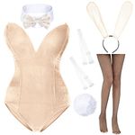 AiMiNa Anime Womens Bunny Costume Girl Suit One Piece Bodysuit Halloween Cosplay Catsuit Bunny Headband Stockings Set, Beige, XS