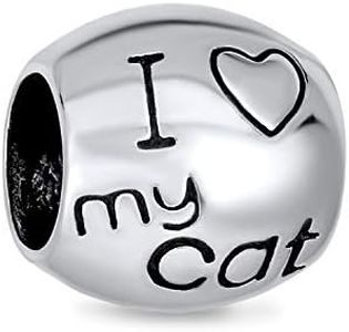 Kitten Pet Animal Words Saying I Love My Cat Charm Bead For Women For Teen Oxidized .925 Sterling Silver Fits European Bracelet