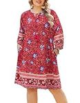 IN'VOLAND Plus Size Women Floral Print Dress Summer Casual Boho Tassel Tie Neck 3/7 Long Sleeve Short Flowy Beach Sundresses