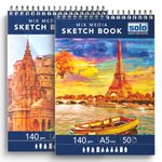 Solo A5 Mix Media Sketchbook- Pack of 2, Natural Shade Spiral-Bound Professional-Grade Premium Acid-Free, 140 GSM Drawing Book for Art Marker, Watercolor & Acrylic (Portrait, 14.8 x 21cm)