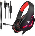 ionX Professional Wired Gaming Headset Compatible with Windows, macOS, PlayStation 5, Xbox Series S, X, Nintendo Switch, Android, and iOS, with Adjustable Boom Microphone and LED Lighting (Red)