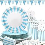 Blue Striped Party Supplies, Blue and Silver Birthday Party Pack, Light Blue Paper Plates and Napkins Set for Boys Baby Shower Birthday Party (24)