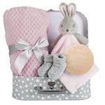 Hoolaroo Newborn Baby Girl Gifts Set New Baby Hampers Present For Baby Girl Unique Suitcase Memory Box Cute Soft Milestone Pink Bunny Comforter Blanket