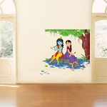 Rawpockets Decals ' Lord Krishna Playing Flute with Radha on River Bed ' Large Size (Wall Coverage Area - Height 80 cms X Width 80 cms)(Pack of 1) Wall Sticker