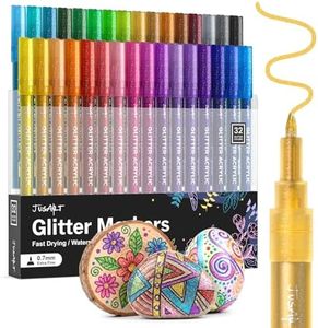 JusArt 32 Colors Paint Pens for Glass Marking, Glitter Paint Pens for Rock Painting, Ceramic, Wood, Fabric, Sparkly Shiny Markers for DIY Crafts, Scrapbooking, Card Making Supplies 0.7mm Fine Tip