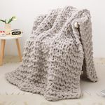 Mooreeke Chunky Knit Blanket 40"x50" Light Grey Soft Washable Chenille Throw Blanket Cozy 100% Handmade Crochet Blankets with Jumbo Chenille Yarn for Couch Bed Sofa Room Decor