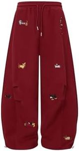 Aelfric Eden Embroidery Puppy Baggy Barrel Sweatpants Casual Y2K Elastic Drawstring Unisex Wide Leg Pants Lantern Trouser Red XS