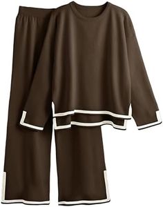 Tanming Women's 2 Piece Outfits Long Sleeve Knit Sweater Top Wide Leg Pants Lounge Sets Tracksuits(Coffee-XXL)