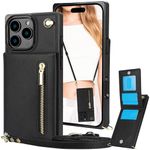 CCSmall for Apple iPhone 16 Pro Case Wallet Crossbody with Card Holder, RFID Blocking PU Leather Zipper Handbag Purse Flip Cover Shoulder Strap Lanyard Phone Case for iPhone 16 Pro ZP Black