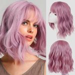 Leeven 12 Inch Pink Wig with Bangs Short Bob Wigs for Women Daily Heat Resistant Shoulder Length Hair Wig Pink Cosplay Wig