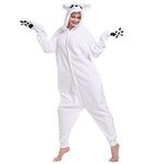 dressfan Animal Polar Bear Onesie Pajamas White Bear Costume Christmas Halloween Pajamas Cosplay Costume with Paw Gloves for Unisex Adult Teens,White,M