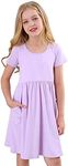 Stelle Toddler/Girls Knee-Length Short Sleeve Casual A-Line Twirly Skater Dress (A19-Lavender (with Pocket), 8 Years)