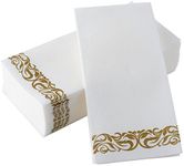 50-Pack Disposable Linen-Feel Guest Towels For Bathroom - Decorative White Hand Towels, Gold Floral Paper Napkins