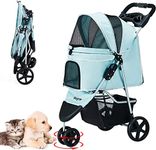 LPOTIUS Pet Stroller for Medium Small Dogs and Cats, Folding Puppy Stroller Dog Cat Cage Jogger Stroller with Cup Holder and Storage Basket, 3 Wheels, Blue