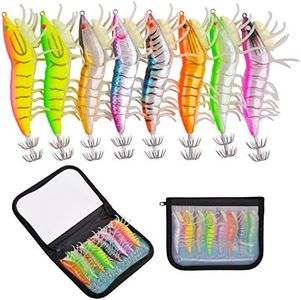 Luminous Shrimp Squid Jig Hooks, 8pcs/Bag Plastic Shrimp Squid Bait Cuttlefish Octopus Fishing Lures with Silicon Legs Multineedle Baits Glow in Dark