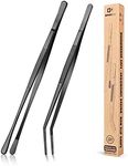 Fine Cooking Tweezers Set, Professional Stainless Steel Food Tongs, Kitchen Black Long Chef for Cooking, Plating, Decorating and BBQ (2 PCS BLACK)