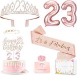 23rd Birthday Decorations for Her Girls Women, Including 23 year old Birthday Cake Topper, Birthday Queen Sash with Pearl Pin, Sweet Rhinestone Tiara Crown, Number Candles and Balloons Set, Rose Gold