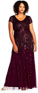 Adrianna Papell Women's Long Beaded V-Neck Dress with Cap Sleeves and Waistband, Cassis, 10