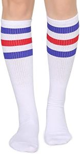 Henwarry Classic Triple Stripes Over the Calf Cotton Retro Tube Socks for Men and Women (A02-Blue/Red/White)
