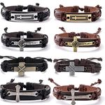 WAINIS 8PCS Braided Leather Cross Bracelets for Men Woven Bracelet Vintage Religious Christian Adjustable Wristband Bracelets Set, rope, Cubic Zirconia