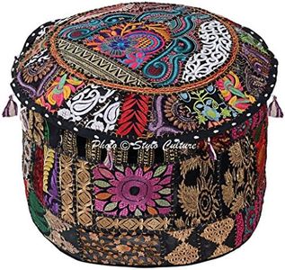 Stylo Culture Round 16" Ethnic Cotton Patchwork Embroidered Ottoman Stool Pouf Cover Black Floral 40 cm Footstool Floor Cushion Cover Ethnic Decor
