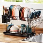 iSPECLE Dish Drainer Rack - Small 2 Tier Dish Drying Rack with Draining Board, Rustproof Dish Rack Drainer for Kitchen Countertop with Cutlery Holder Cup Holder, Black