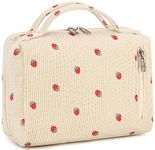 Bluboon Makeup Bag Zipper Pouch Travel Portable Cosmetic Bag Organizer for Women and Girls, Beige Strawberry Corduroy, Strawberry Corduroy Beige Cosmetic Bag