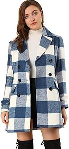 Allegra K Women's Notched Lapel Double Breasted Winter Plaids Coat Blue White Medium