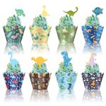 48 Pieces Dinosaur Cupcake Toppers and Wrappers, Baby Cute Dino for Boys Girls Kids Birthday Party Baby Shower Jurassic Park Themed Party Cake Decorations Supplies