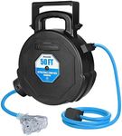 DEWENWILS 50FT Heavy Duty Cord Reel, Retractable Extension Cord Reel with Light-Up Triple Tap, 13 A Circuit Breaker, Wall/Ceiling Mountable, Portable Handle, 14/3 SJT, ETL Listed, Blue