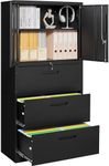 SISESOL 3 Drawer Lateral File Cabinet with Lock and Shelf,Black Metal Filling Cabinet with Drawers and Shelf, Locking File Storage Cabinets with Doors and Shelves for Home,Office,Garage,School