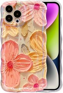 IAIYOXI Case for iPhone 13, Vivid Retro Flower Laser Glossy Pattern Oil Painting, Durable TPU Protective，Cute Curly Wave Edge Phone Cover for Girls and Women (iPhone 13, Color-Pink)