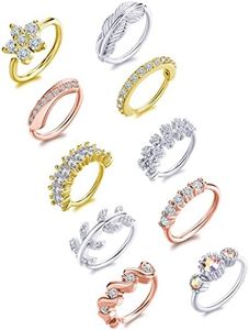 Tornito 10Pcs Nose Ring Hoop Paved Flower Leaf Feather CZ Cartilage Earrings Nose Piercing Jewelry for Women Men Gold Silver Rose Gold Tone 20G